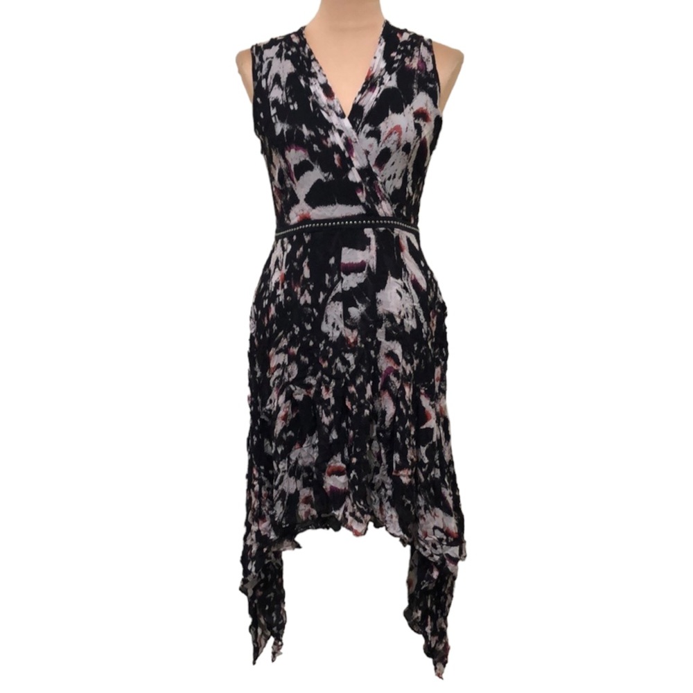 Allsaints Dress Size 6 Black Print Asymmetrical Handkerchief Hem